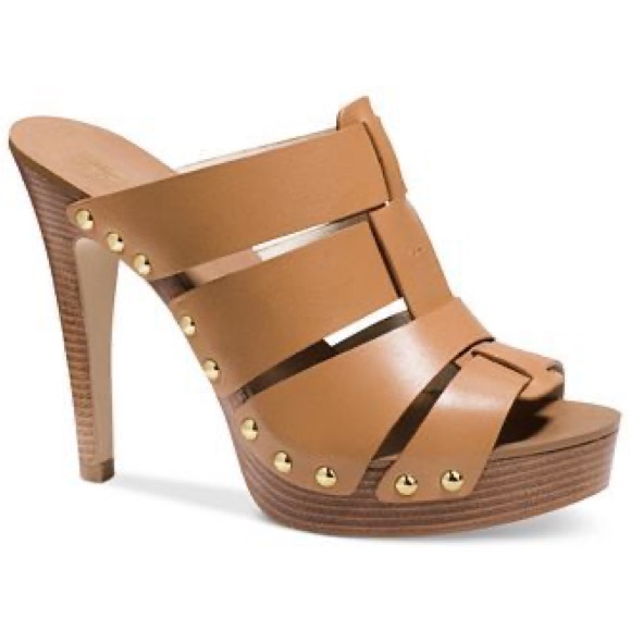 MICHAEL Michael Kors Somerly Mule Tan Leather Platform Heeled Dress Sandals - Picture 1 of 12